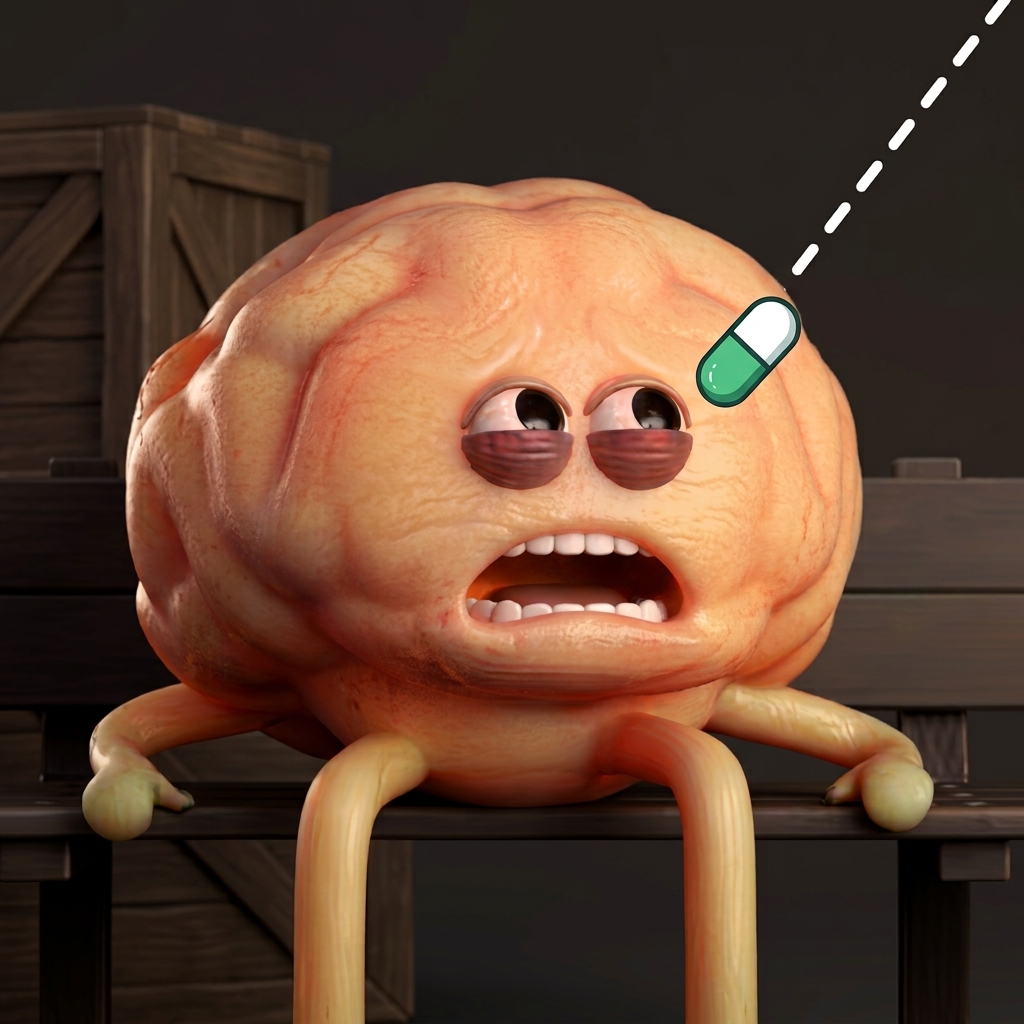 Angst brain sitting on a bench, targeted by an incoming AngstiPump capsule
